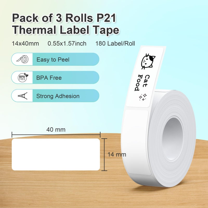 NELKO Genuine P21 Label Maker Tape  Adapted Label Print Paper  14x40mm (0.55""x1.57"")  Standard Laminated Office Labeling Tape Replacement  Multipurpose of P21  180 Tapes/Roll  3-Roll  White - Image 2